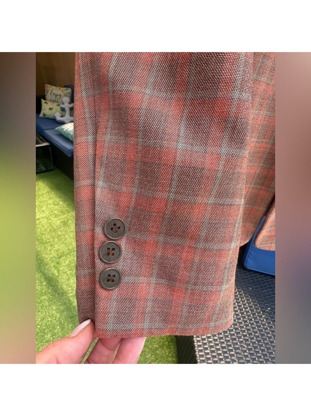 Custom Vintage Dara Lamb Medium Tan Orange Plaid Blazer one button - Picture 9 of 9